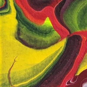 A Mirrored Image in Red, Green, and Brown Seems to Be Sinking Into Lemon Custard Yellow (large) (0575)