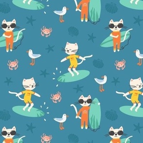 Fun Colourful Cats at the Beach on a Teal Background 