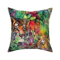 Watercolor Wild Cat Cats Tiger Tigers in a Stunning Tropical Jungle
