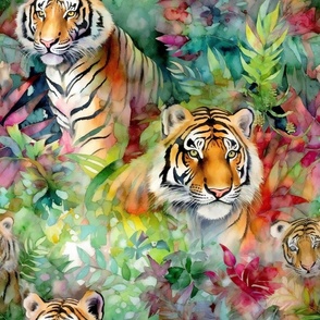 Watercolor Wild Cat Cats Tiger Tigers in a LushTropical Jungle