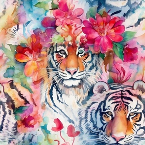 Watercolor Wild Cat Cats Tiger Tigers with Vibrant Stripes in a Rainbow Tropical Jungle