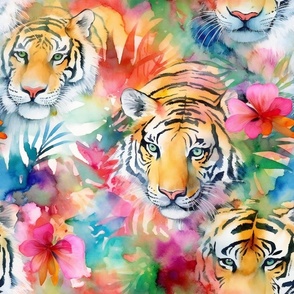 Watercolor Wild Cat Cats Tiger Tigers with Vibrant Stripes in a Painted Tropical Jungle