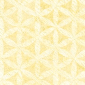 Celandine Flowers in Buttercup Yellow (xl scale) | A 'Flower of Life' tessellating, geometric pattern, rustic Moroccan tile circles and triangles in pale yellow and cream.