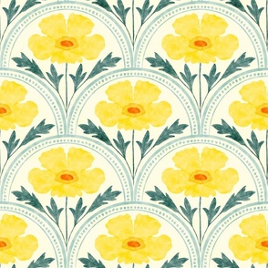 Vibrant Yellow, light teal & Dark Green Watercolor Spring Buttercups Scallop