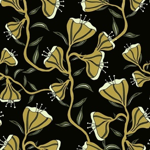 Midnight olive green floral garden 