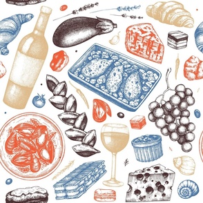 French cuisine pattern with traditional dishes and drinks