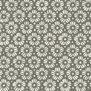 Little Flowers _ Creamy White Limed Ash Green _ Hand Drawn Tight Blender Floral 02