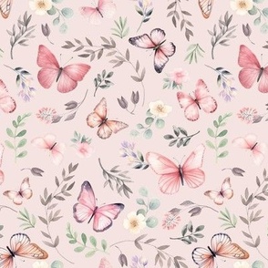 Butterflies Sm – Girly Pink Butterfly Fabric, Garden Floral, Flowers & Butterflies Fabric (first light)
