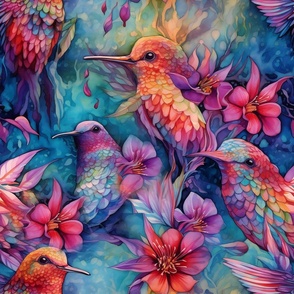 Watercolor Hummingbird Hummingbirds with Exotic Pink Flowers