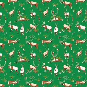 Woodland Reindeer in the Ferns - Neutral brown and white, with pink on retro Green