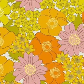 Large - Build me up buttercup - pink yellow and orange - retro 60s - 70s floral fabric with buttercups wood anemones and anemone coronaria flowers SISTE