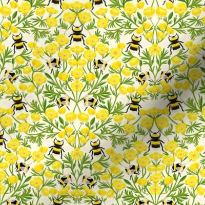SMALL Buttercups and Bees Floral Wallpaper - nature garden design  yellow 8in