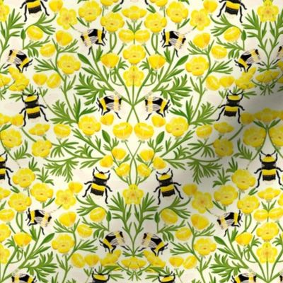 MEDIUM Buttercups and Bees Floral Wallpaper - nature garden design  yellow 10in