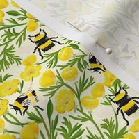 MEDIUM Buttercups and Bees Floral Wallpaper - nature garden design  yellow 10in