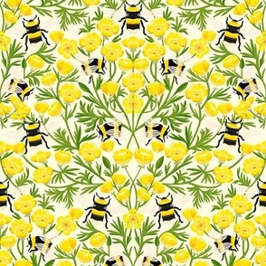 LARGE Buttercups and Bees Floral Wallpaper - nature garden design  yellow 12in