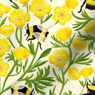 JUMBO Buttercups and Bees Floral Wallpaper - nature garden design  yellow