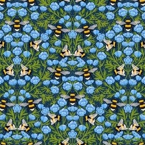 MINI Buttercups and Bees Floral Wallpaper - nature garden design blue 6in