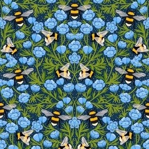 SMALL Buttercups and Bees Floral Wallpaper - nature garden design blue 8in