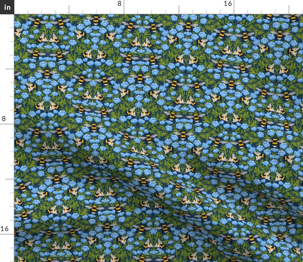 SMALL Buttercups and Bees Floral Wallpaper - nature garden design blue 8in