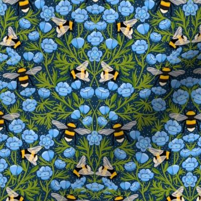 MEDIUM Buttercups and Bees Floral Wallpaper - nature garden design blue 10in