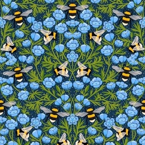 LARGE Buttercups and Bees Floral Wallpaper - nature garden design blue 12in