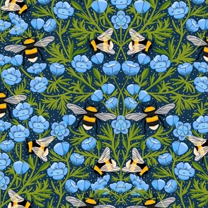 JUMBO Buttercups and Bees Floral Wallpaper - nature garden design blue