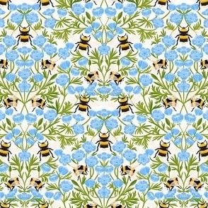 MINI Buttercups and Bees Floral Wallpaper - nature garden design blue white 6in