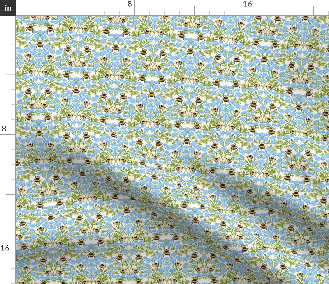 MINI Buttercups and Bees Floral Wallpaper - nature garden design blue white 6in