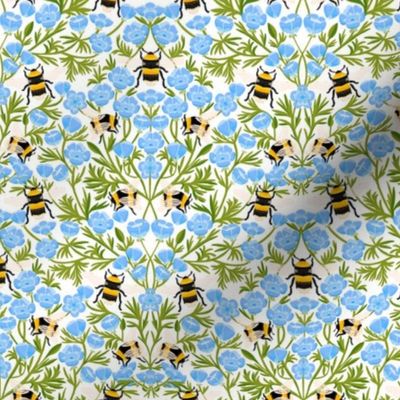 SMALL Buttercups and Bees Floral Wallpaper - nature garden design blue white 8in