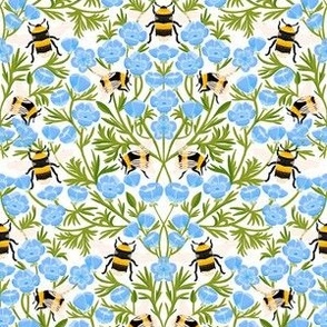 SMALL Buttercups and Bees Floral Wallpaper - nature garden design blue white 8in