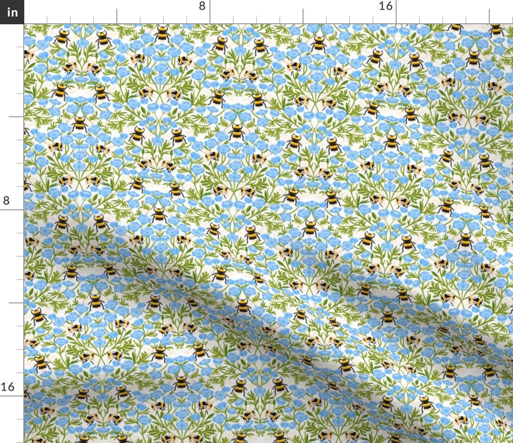 SMALL Buttercups and Bees Floral Wallpaper - nature garden design blue white 8in