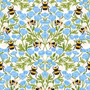 MEDIUM Buttercups and Bees Floral Wallpaper - nature garden design blue white 10in