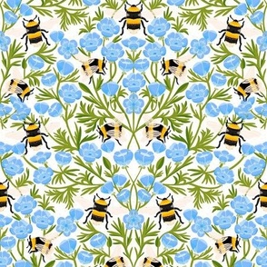 LARGE Buttercups and Bees Floral Wallpaper - nature garden design blue white 12in