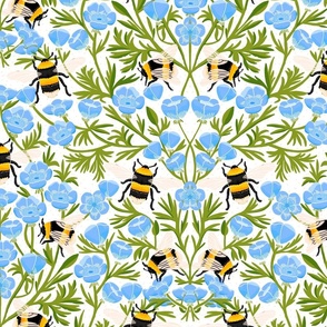 JUMBO Buttercups and Bees Floral Wallpaper - nature garden design blue white