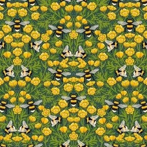 MINI Buttercups and Bees Floral Wallpaper - nature garden design green 6in