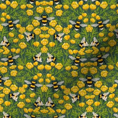 SMALL Buttercups and Bees Floral Wallpaper - nature garden design green 8in