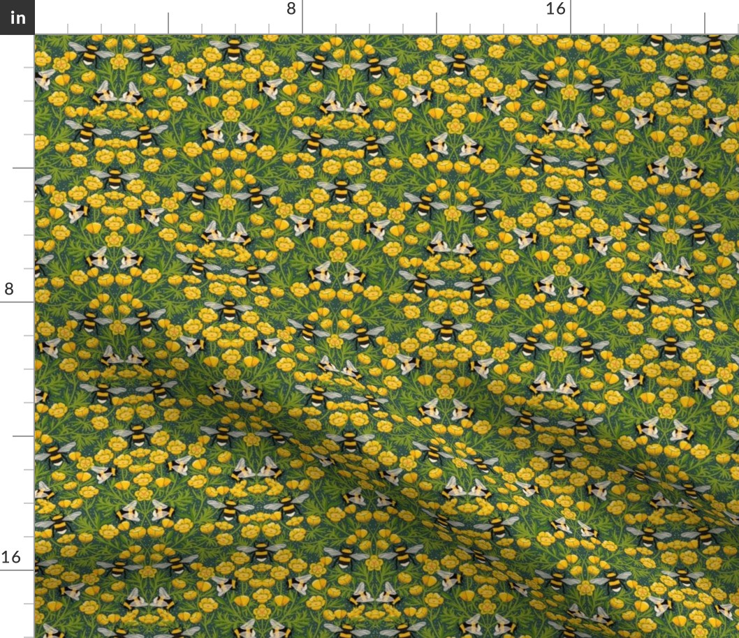 SMALL Buttercups and Bees Floral Wallpaper - nature garden design green 8in