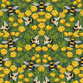 MEDIUM Buttercups and Bees Floral Wallpaper - nature garden design green 10in