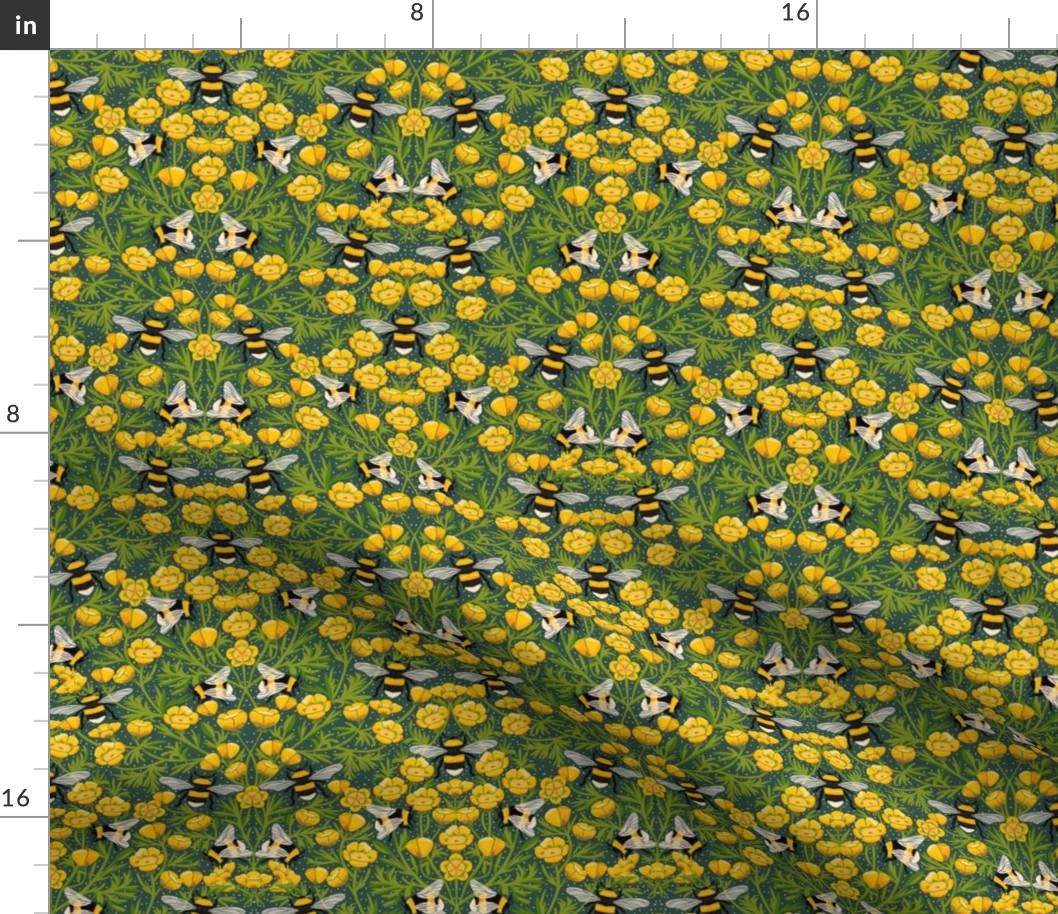 MEDIUM Buttercups and Bees Floral Wallpaper - nature garden design green 10in