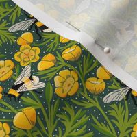 LARGE Buttercups and Bees Floral Wallpaper - nature garden design green 12in