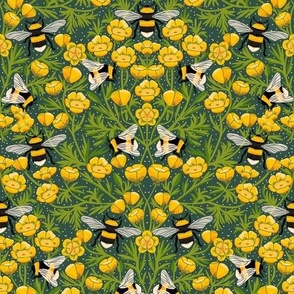 LARGE Buttercups and Bees Floral Wallpaper - nature garden design green 12in
