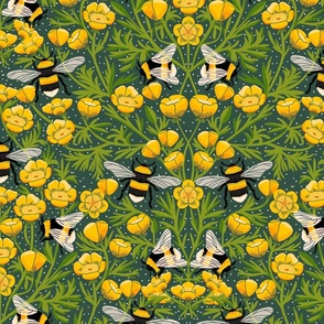 JUMBO Buttercups and Bees Floral Wallpaper - nature garden design green