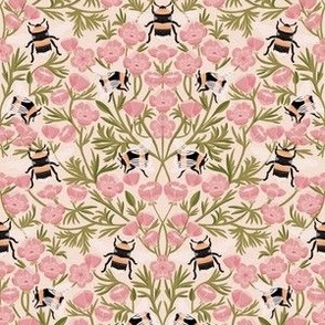 SMALL Buttercups and Bees Floral Wallpaper - nature garden design pink 8in