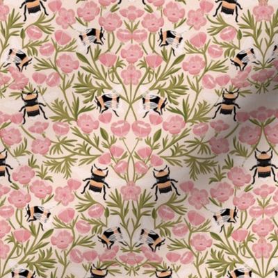 MEDIUM Buttercups and Bees Floral Wallpaper - nature garden design pink 10in