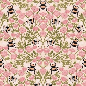 LARGE Buttercups and Bees Floral Wallpaper - nature garden design pink 12in