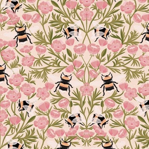 JUMBO Buttercups and Bees Floral Wallpaper - nature garden design pink