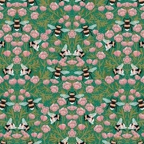 MINI Buttercups and Bees Floral Wallpaper - nature garden design pink and green 6in