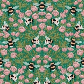 SMALL Buttercups and Bees Floral Wallpaper - nature garden design pink and green 8in