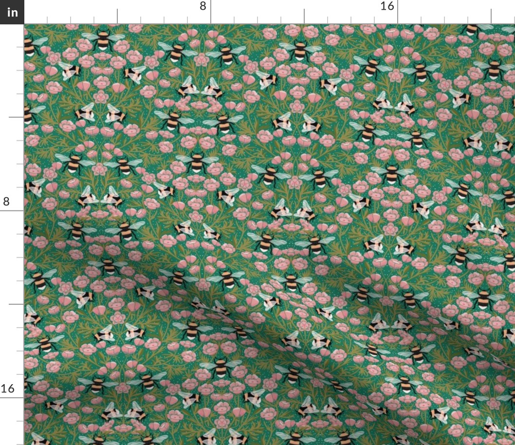 MEDIUM Buttercups and Bees Floral Wallpaper - nature garden design pink and green 10in