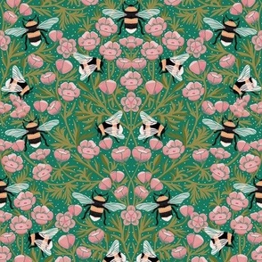 LARGE Buttercups and Bees Floral Wallpaper - nature garden design pink and green 12in